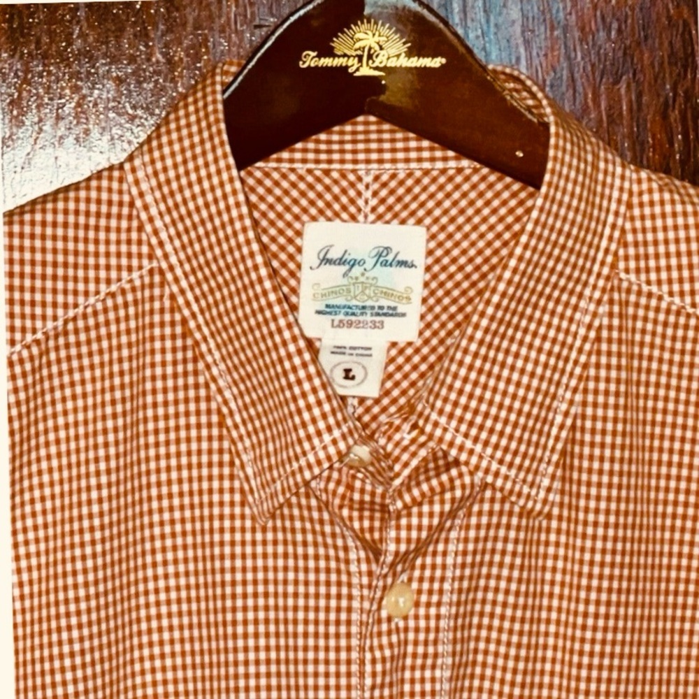 TOMMY BAHAMA SHIRT INDIGO PALMS ORANGE WHITE L/S GINGHAM CHECK LARGE L